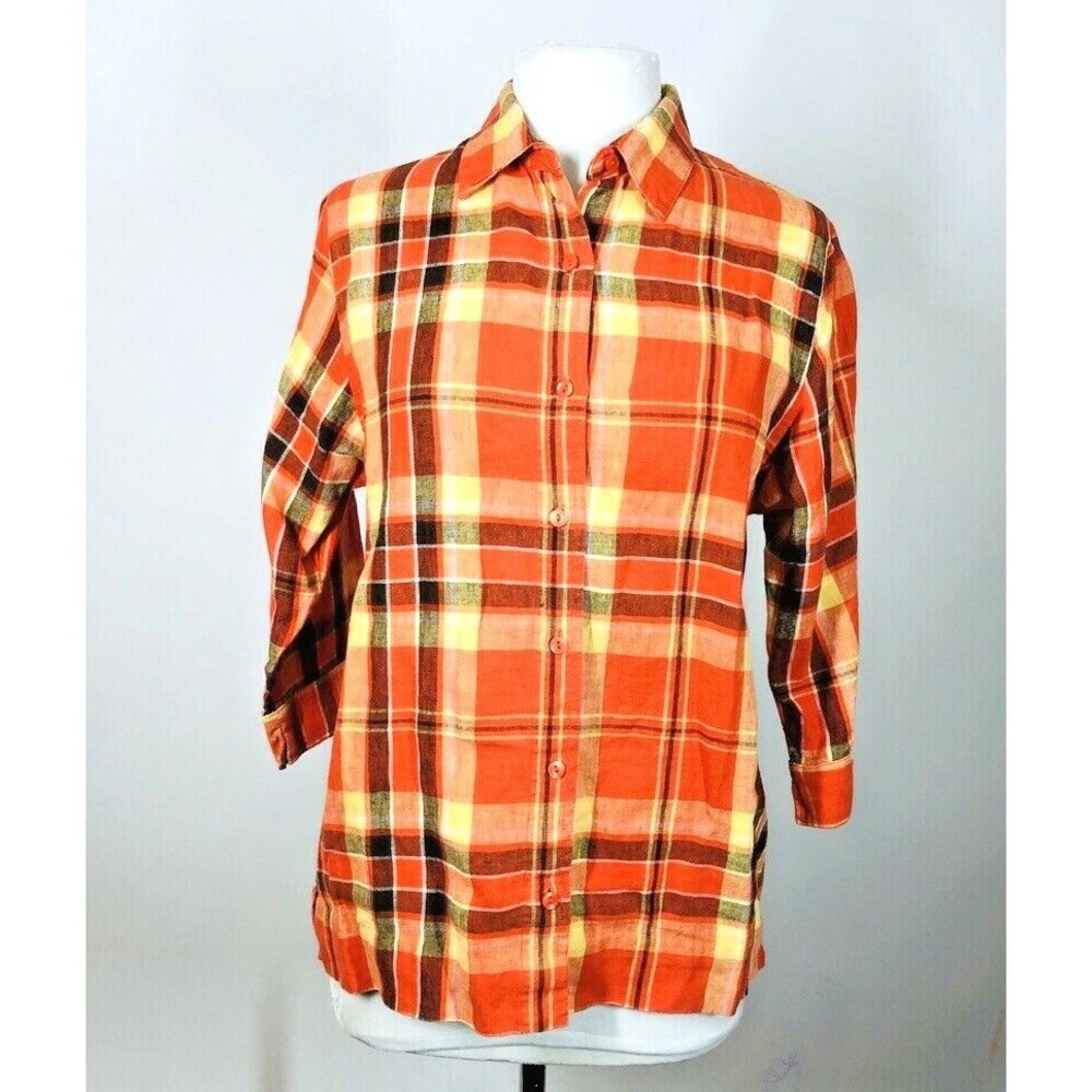 Goodclothes Collection 100% Linen Plaid Button Up Collared Long Sleeve Shirt SM
